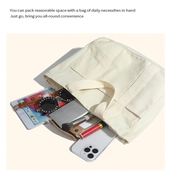 Multi Pocket Tote Bag for Women Canvas Bag with Handle Large Capacity Reusable Handbag