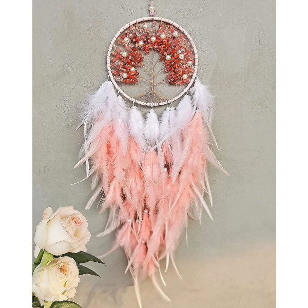 Vaaleanpunainen unensieppari Tree Of Life -seinäkoristelu, luonnollinen parantava kristallikive, käsintehty unenkaltainen unensieppaaja lahja
