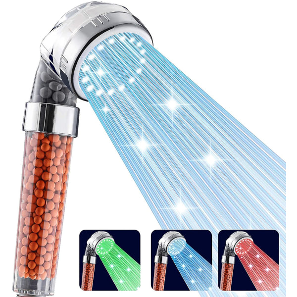 Led-dusjhode, håndholdt høytrykksdusjhode med 7 fargeskiftende lys Vannbesparende filterdusjhode for tørr hud og hår