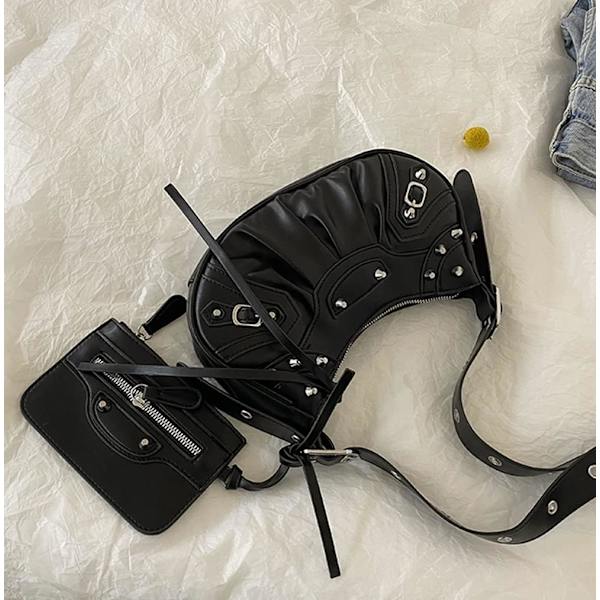 Damväska i PU-läder med nitar, axelremsväska, messenger-väska, goth-stil, justerbar rem Black