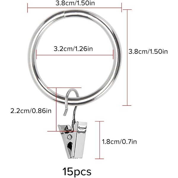 15 kpl verhotangon rengasklipsit, 32 mm verhorengas klipseillä, suihkuverhon koukku klipsit, verhon ripustus klipsit, kevyt ripustinlankanpitimet, verholle Silver  With Ring  15pcs