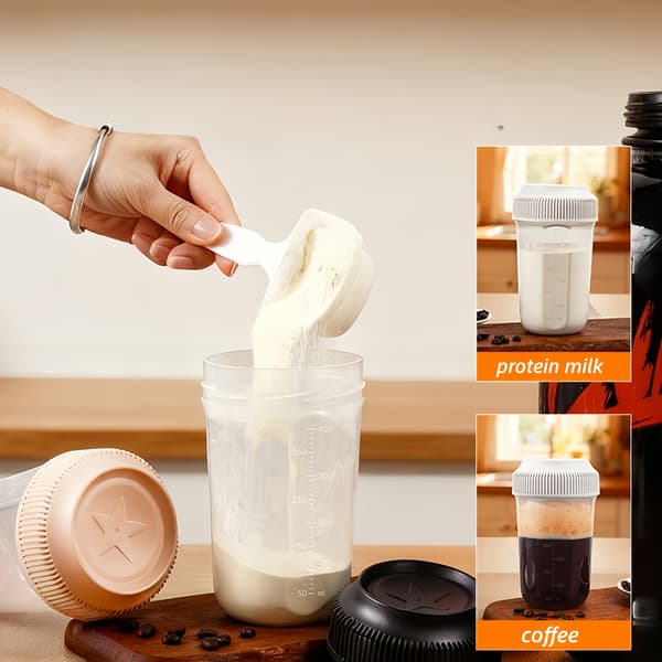 1 proteinshaker (460 ml) — Bærbar kop med manuel blanding og låg.