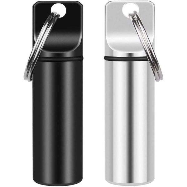 Lille Pilleboks nøglering, bærbar Mini Pillebeholder af aluminiumslegering Beholder til udendørs campingrejser (2 stk, sort+sølv)