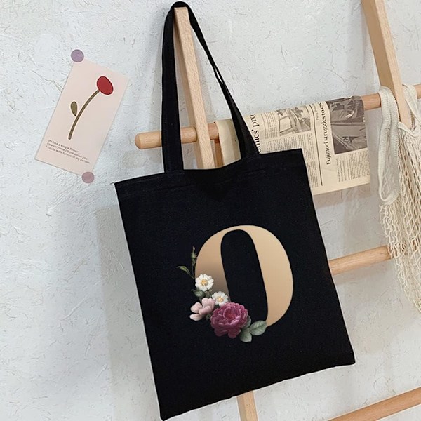 26 bokstäver tryckt canvas återanvändbara matkassar, hopfällbar casual resehandväska, axel strand tote väskor, shopper väska miljövänlig superstark tvättbar Gold O
