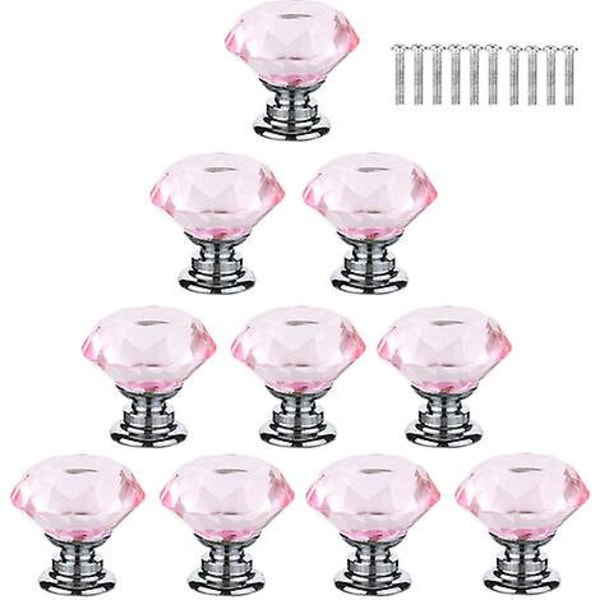 10 Skapdørhåndtak Møbel Skuff Skap, 30mm Krystallglass Diamant Med Skruer - Rosa