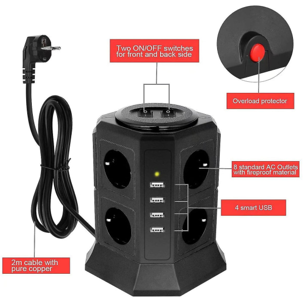 8-udtagers Strømskinne Tårn (2500w/10a) Med 4 USB Opladningsporte (5v/4.5a), Overspændingsbeskyttelse, Sort