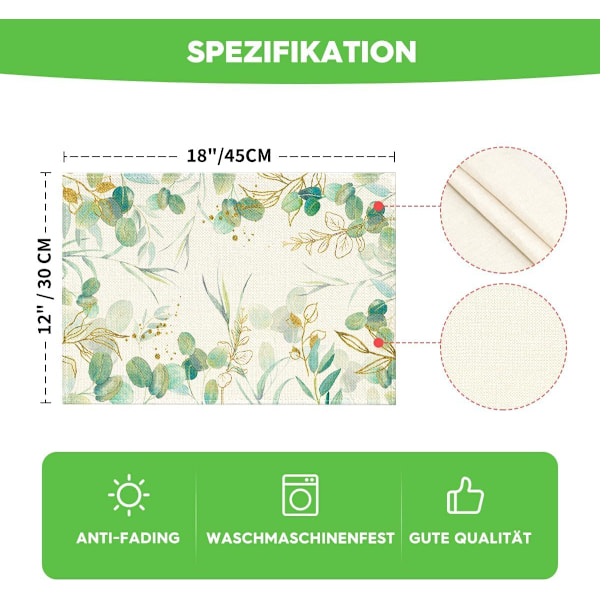 ion Grön Eukalyptus Sommarset med 6 Matskivor, Säsongsbetonad Vårfrukostbord Dekoration Inomhus Semesterfest Dekor 30 x 45cm Grön/guld 30 x 45 cm, 6er Set