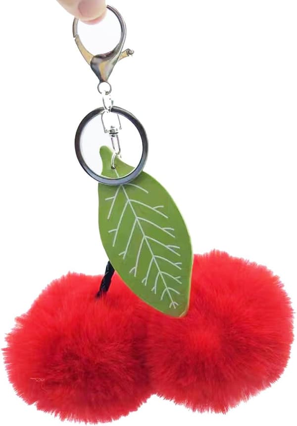 Nyckelring med pompom i fuskpäls, fluffig väskberlock, bilväskberlock Cherry Red