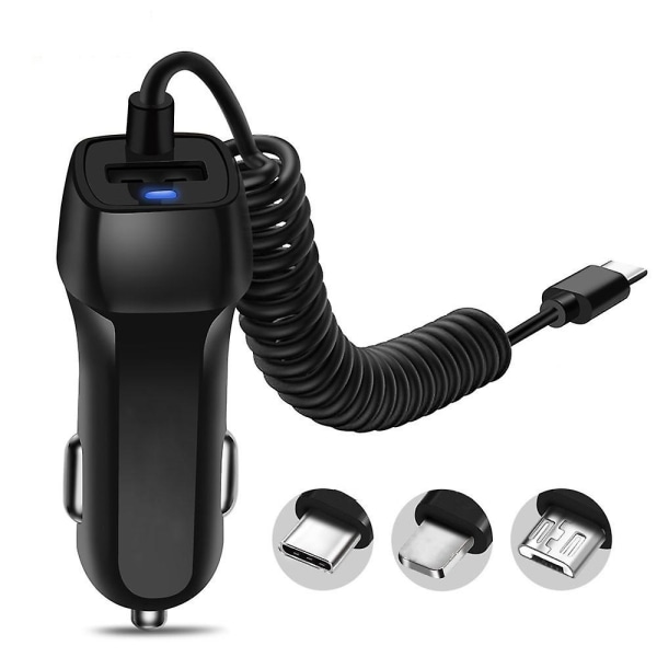 Auto Rask Lading Bil Lader Med Inntrekkbar Kabel Telefonlader Usb Med Type C Kabel