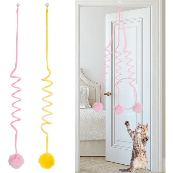 2-pack Dörrhängande Katt Leksak, Hängande Dörr Katt Plysch Leksak Teaser Leksaker Inrullningsbar Katt Leksak Interaktiv Cay Leksak med Klockor för Inomhus Katt Kattunge Jakt Pink+Yellow