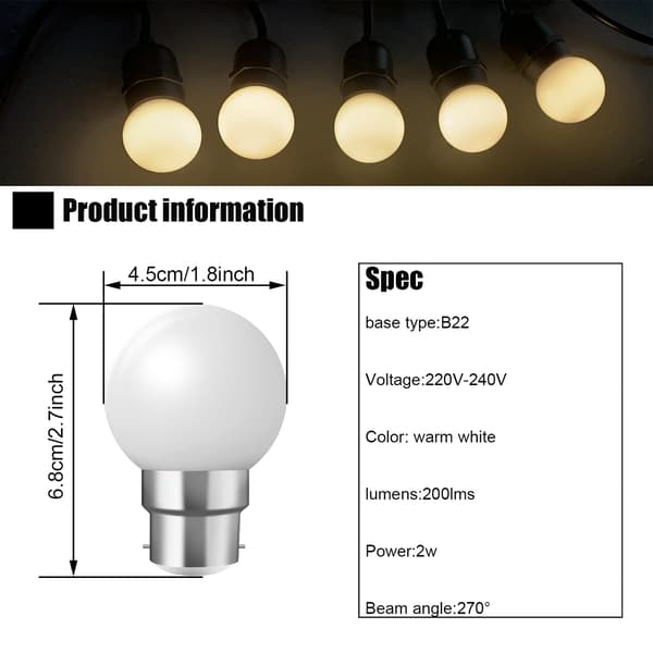 B22 Bajonettsockellampor - 20-pack 2W Festoon LED-lampor - Varmvitt [Energiklass B]