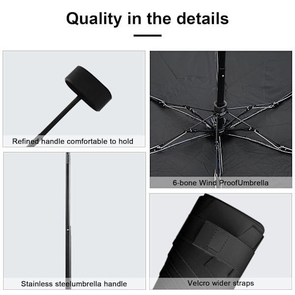 Mini Foldbar Rejse Paraply, Kompakt Paraply Vindtæt Stærk, 6 Ribber Bærbar Anti-UV Paraply med Kapselkasse, Sort