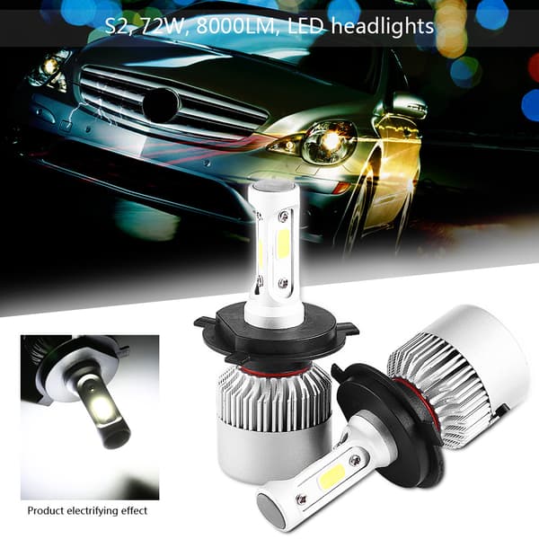 2 stk S2 72W 8000lm LED frontlys COB-pærer Hvit 6500K H4