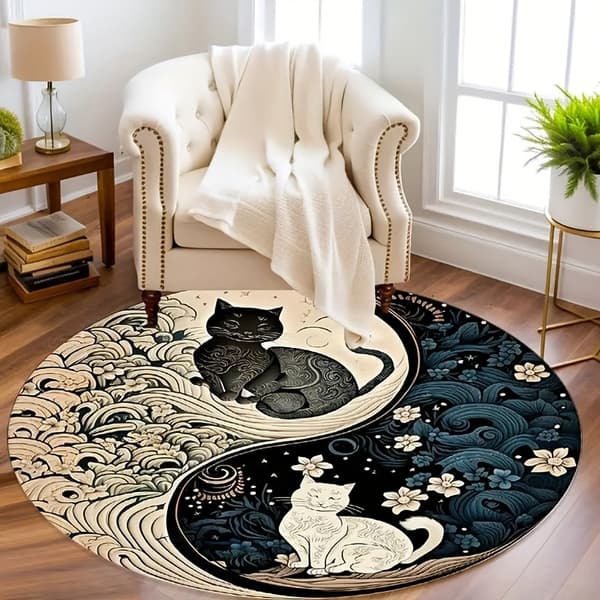 Rundt tæppe med Yin-Yang katte-design — Blød krystalfløjl, maskinvaskbart, polyestermateriale