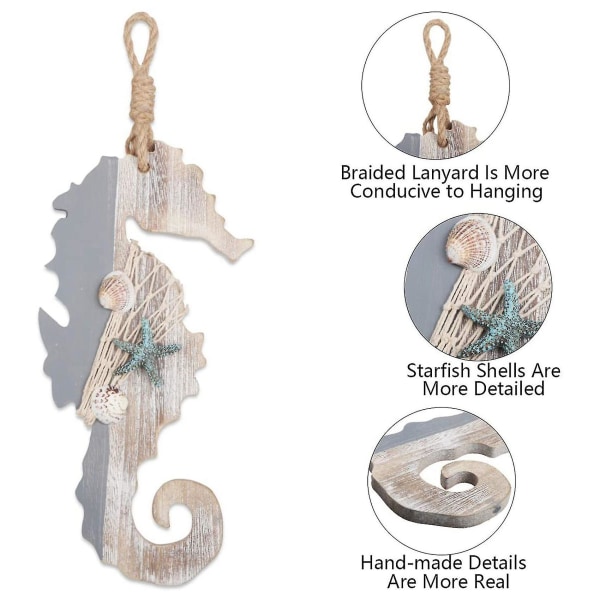 2x tredekor sjøhest med sjøstjerner og skjell kompatibel med nautisk dekorasjon, vegghengende ornament Bea