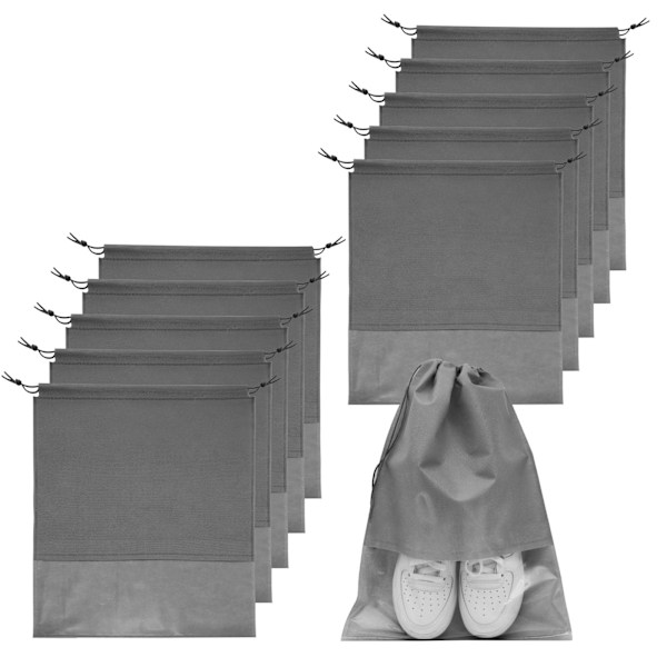 10 stk. Rejsesko Taske, Sko Tasker, Sko Tasker til Rejser, Snøre Non-Woven Sko Opbevaringsposer med Gennemsigtigt Vindue til Daglig og Rejsebrug (Grå) grey