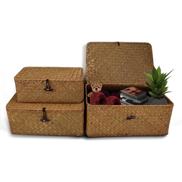 ker Opbevaringskurv Flettet Rattan Opbevaringsboks Med Låg Søgræs Vasketøjskurve Makeup Organizer Til Badeværelse, Stue, Køkken (S)
