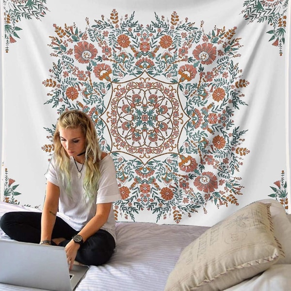 Mandala-kukkatekstiili - Boho Valkoinen Tekstiililuonnos Kukallinen Koti- ja Makuuhuoneen Seinäkoriste M: (59.1\" X 80\")