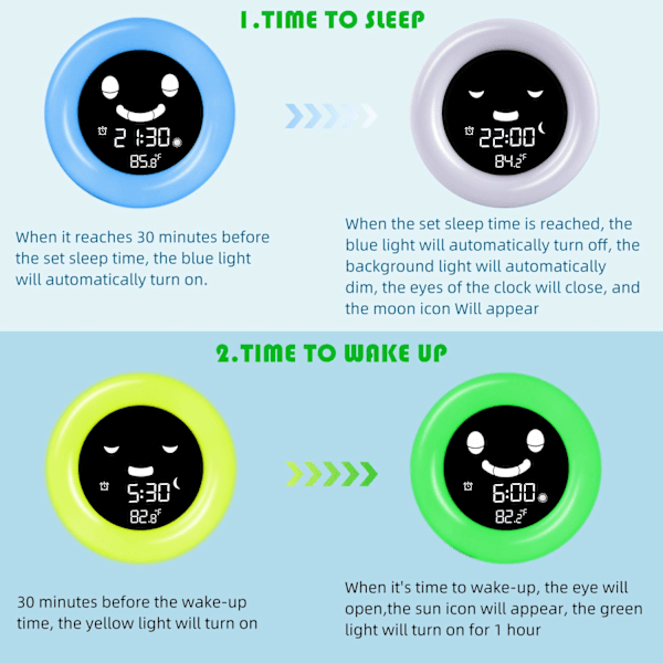 Vækkeur til børn, søvn trænings vækkeur til børn, digitalt ur med vækkelys og natlys til søvn træning