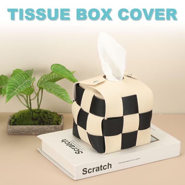 Fyrkantigt tissueboxskydd i konstläder, 11,9 cm, beige (tissuehållare för sovrummets sminkbord)