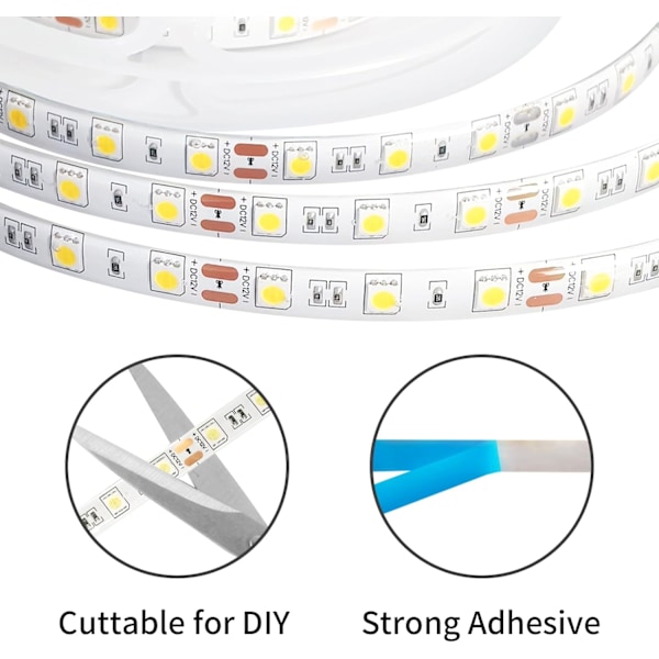 Kald Hvit LED Stripe Lys, 5M 12V 6500K SMD5050 300LEDs IP65 Vanntett Klippbar Fleksibel LED Tape Lys for Kjøkken Bar Skap Speil Cool White Waterproof