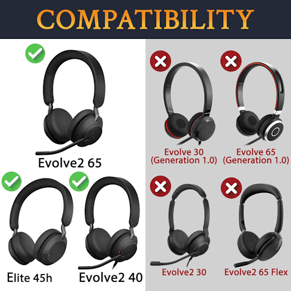 Ørepuder Udskiftning til Jabra Evolve2 65 (65MS 65UC USB)/Evolve2 40 (40UC 40MS USB)/Elite 45h On-Ear Trådløse Hovedtelefoner (Sort) black