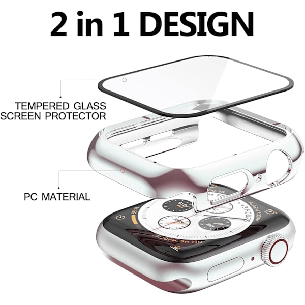 2-pack fodral 40 mm kompatibelt med Apple Watch Series 6 5 4 Se 40 mm härdat glass skärmskydd fodral, pläterad hård PC-skydd full täckning stöttålig Silver+Silver 40mm