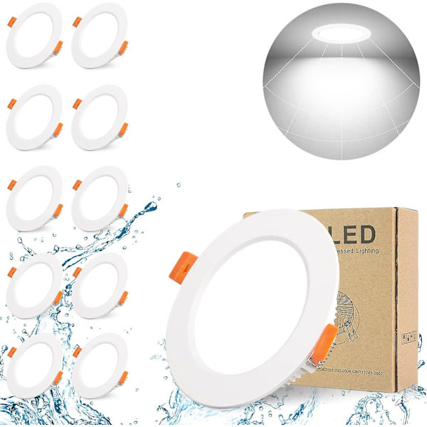 10-pakks LED nedfelt spotlight baderom hvit IP44 LED, 5W 500lm tilsvarende 50W glødelampe, kald hvit 6000K, AC220-240V, rund taknedfelt for