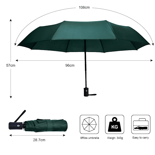 Paraply, foldeparaply, automatisk paraply med paraplypose, vindtæt rejseparaply, lille, bærbar, robust, let, mørkegrøn Dark green