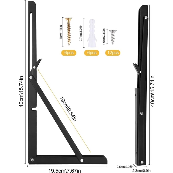Fällbart fäste 400 mm, 2 stycken svarta fällbara konsolfästen, fällbara hyllfästen, tungt lastbart infällbart fällbart konsolfäste, hyllfäste, F