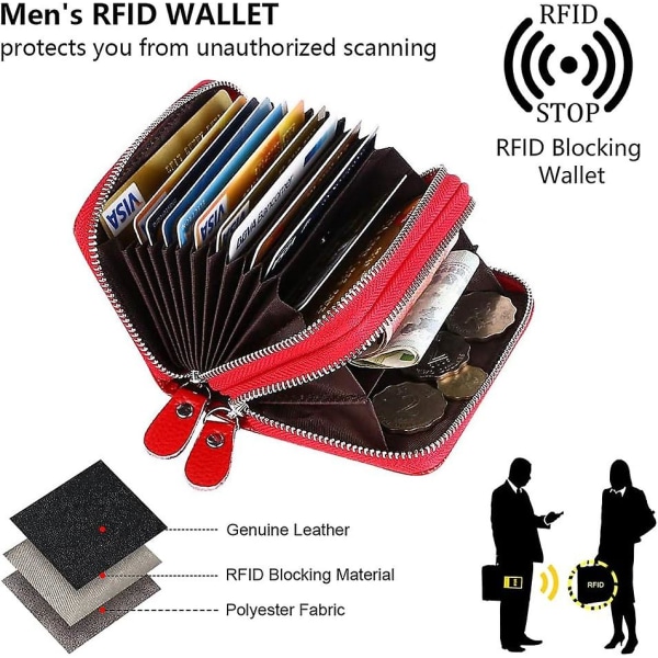 Rød - Kredittkortholder i skinn for å beskytte kredittkort 10 kortspor Visittkortholder Glidelås Visittkortholder (1 stk)