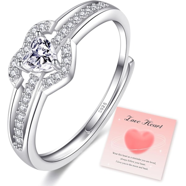 925 Sterling Silver Ringar för Kvinnor Kärleksknutsringar Justerbara Öppna Fingerfjäderringar Smycken Gåvor Korsade Ringar för Kvinnor med Kubisk Zirkonia Love Heart Rings