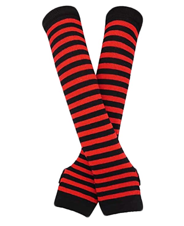 Långa unisex-stickade vantar med elastiska muddar, dekorerade med svarta och vinröda ränder. Wine Red