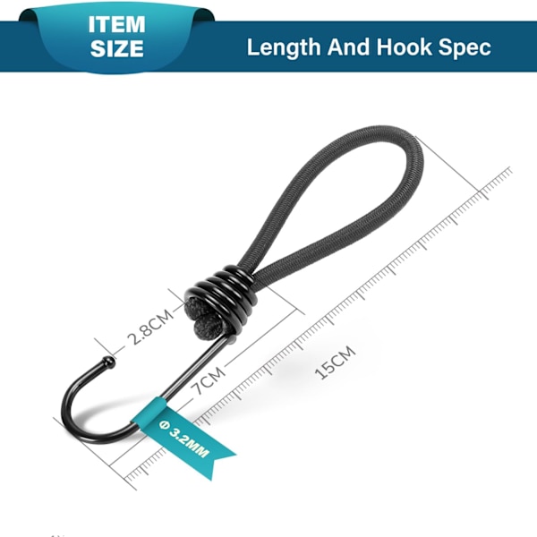 Bungee-snore med kroge 15 cm 20 stk Små bungee-reb med kroge Elastiske bungee-sløjfer til presenning, telt, camping, bannere, fastgørelse - Sort Black 15cm x 20 Pcs