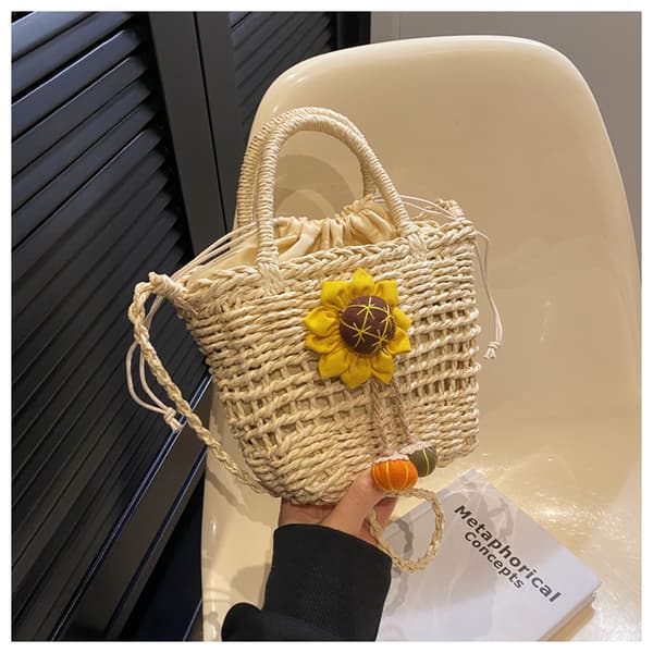 Små stråväskor för kvinnor Sommar Crossbody-väskor Dam Reseplånböcker och handväskor Kvinnlig Axelväska Vit White sunflower