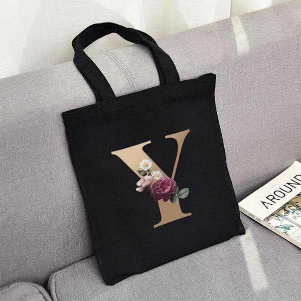26 bokstäver tryckt canvas återanvändbara matkassar, hopfällbar casual resehandväska, axel strand tote väskor, shopper väska miljövänlig superstark tvättbar Gold Y