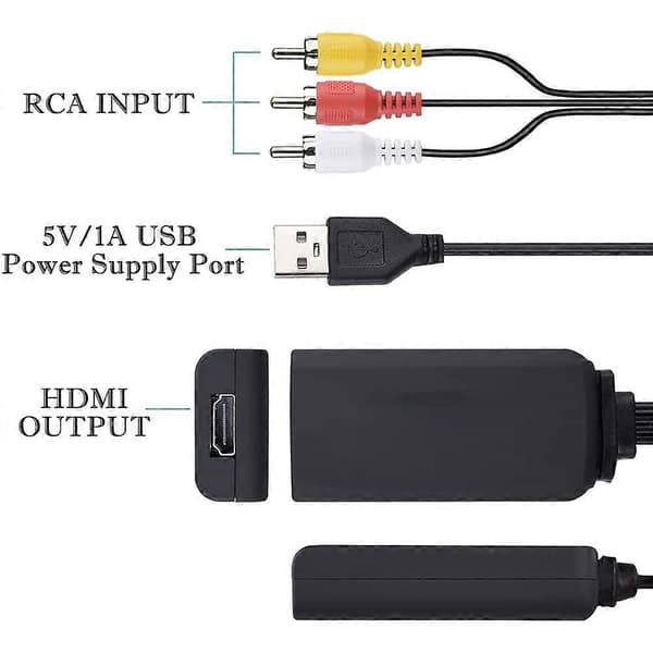 HDMI til RCA-kabel, HDMI til RCA-konverter, AV 3RCA CVBS komposit til 1080P HDMI lyd-videoadapter understøtter NTSC
