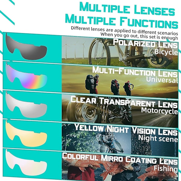 Polariserade cykelglasögon för män och kvinnor, Mtb sport solglasögon, anti-uv400 med 5 utbytbara linser