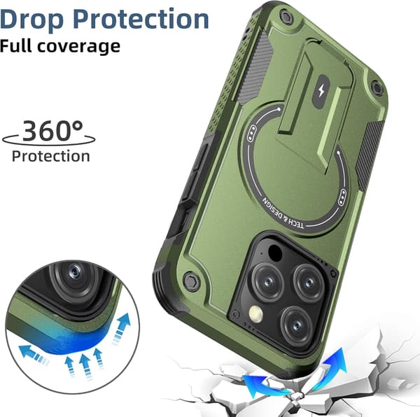 Magnetisk iPhone-deksel med stativ, MagSafe-kompatibelt, robust innebygd stativ, støtsikkert med militærgradert fallbeskyttelse for iPhone Gr Green iPhone 14 Plus