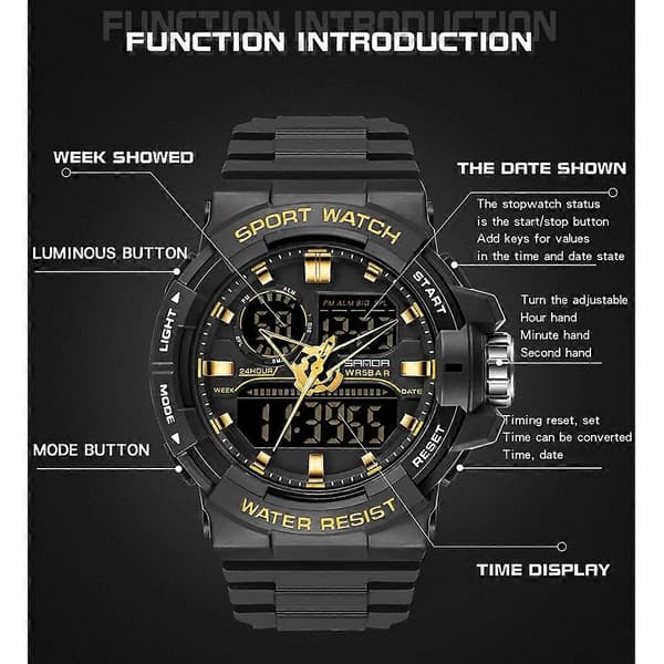 SANDA 6025 Dual Time Digital Display Vandtæt Quartz Ur Helt Sort