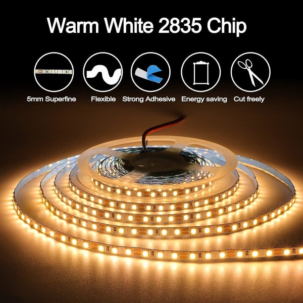 12v LED-list, 1 cm bred, 3000k LED-list 5m varmvit 2835 Ip65 120 LED/m, totalt 600 lysdioder LED-list för sovrum, köksdekoration