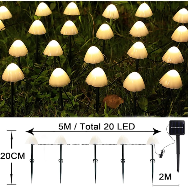 Aurinkokennokäyttöiset puutarhakoristeet 5M 20 LED Sienivalot, vedenpitävät koristeelliset sienikeijuvalot polulle maisema-aitaan Warm White