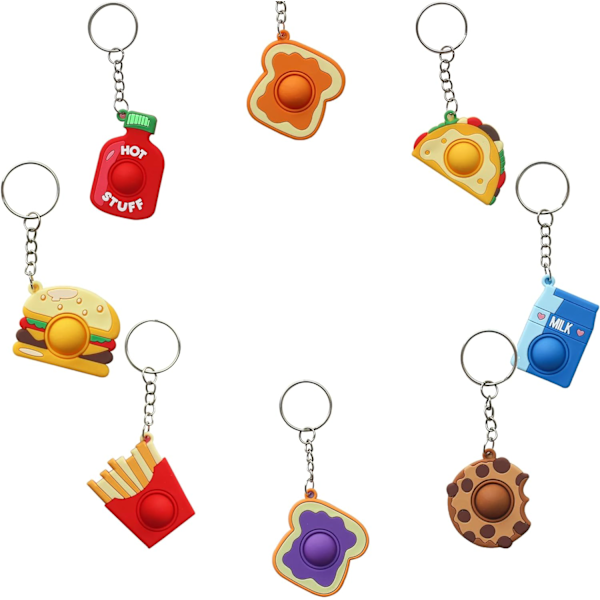 Topsheper 8 PCS Figet Keyring, Sensory Snack Food pop it Fidget Keychain Spinner Toy, Kids Christmas Party Bag Stocking Fillers Keyrings for Cr