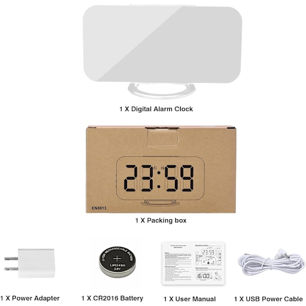 Digital vekkerklokke, LED RGB fargerike klokker, med speiloverflate stor skjerm, 2 USB-laderporter, automatisk dimming, moderne skrivebordsklokke for soverom hjemme Whitergb