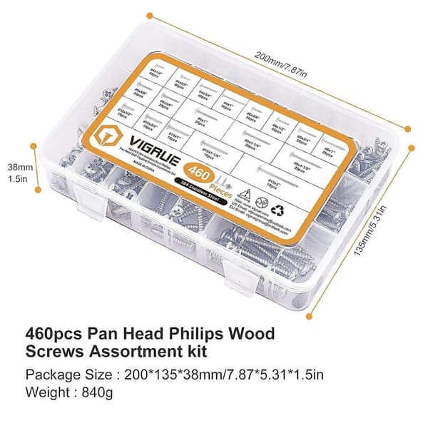 460 stk. Panhoved Philips Træskruer Sortimentssæt, #6,#8,#10,#12, 304 Rustfrit Stål Selvborende Skruesæt