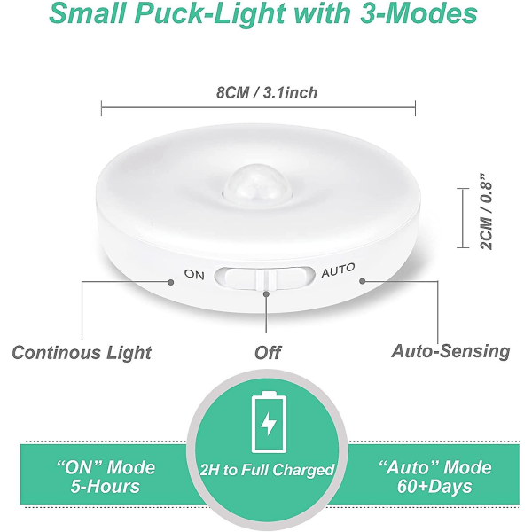 Automaattinen LED-yövalo, Liiketunnistimella, Langattomat LED-valot, 3 Tilaa (auto/päällä/pois), USB-Latautuva Valo [Energiatehokkuusluokka A+++], 3 Kpl