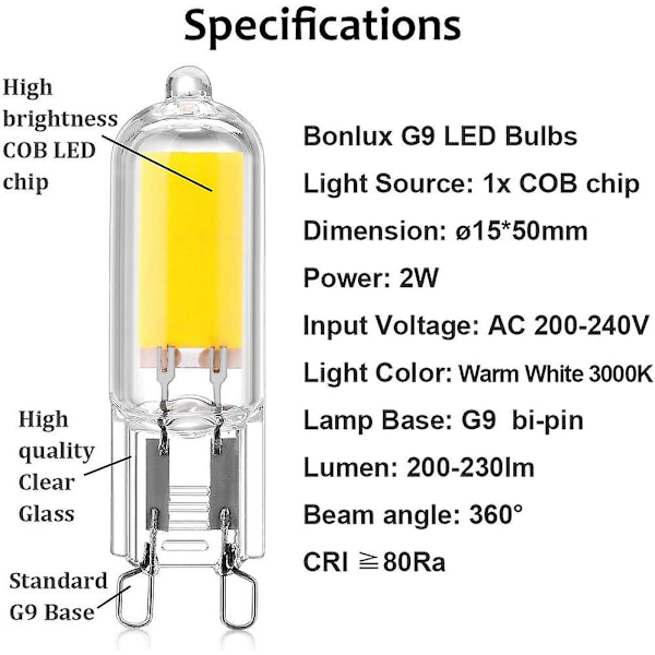 5 stk. 2W G9 Kapsel Base COB LED Pære 220V 200 Lumen 10W-20W Halogen Pære Ækvivalent Til Lysekrone Bordlampe Vægskærm Varmt Hvidt 3000K [energi C