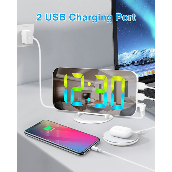 Digital väckarklocka, LED RGB färgglada klockor, med spegelyta stor skärm, 2 USB-laddningsportar, automatisk dämpning, modern skrivbords klocka för sovrum hem Whitergb