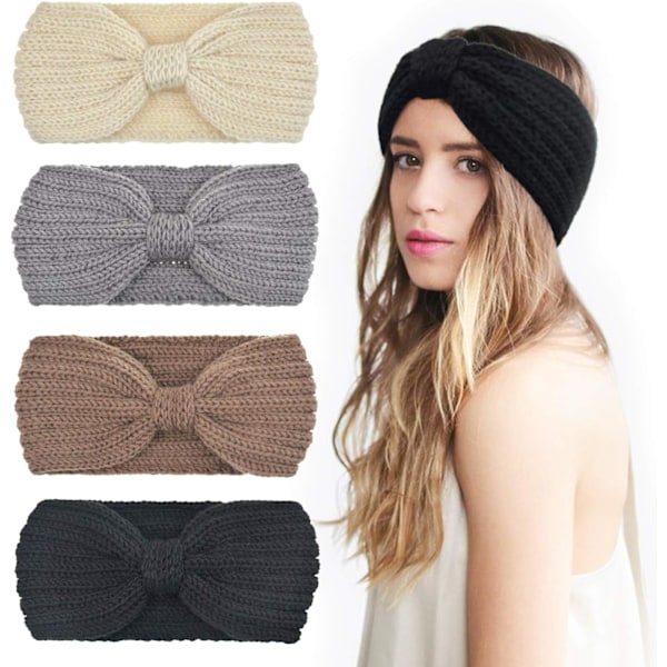 4 Pak Crochet Ørevarmere Hårbånd Blødt Strikket Turban Stræk Hårbånd Varmer til Kvinder Vinter 4 Pack: Black, Ivory, Coffee, Gray