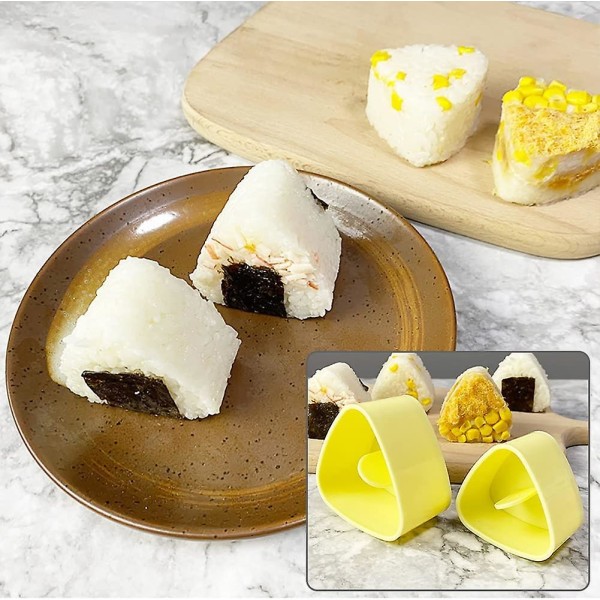 Sushiform Triangulær Sushi-sett med Rissskje Onigiri-form DIY Sushi Onigiri-maker Risball Bento Press Form (2 sett (4 stk), Gul+rosa)